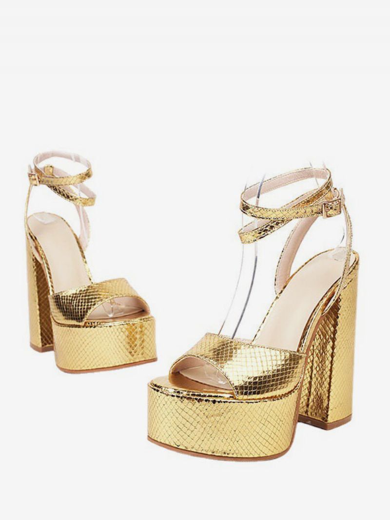 Silverklackade Damsandaler Platform Peep Toe Ankel Strap Sandaler - Guld