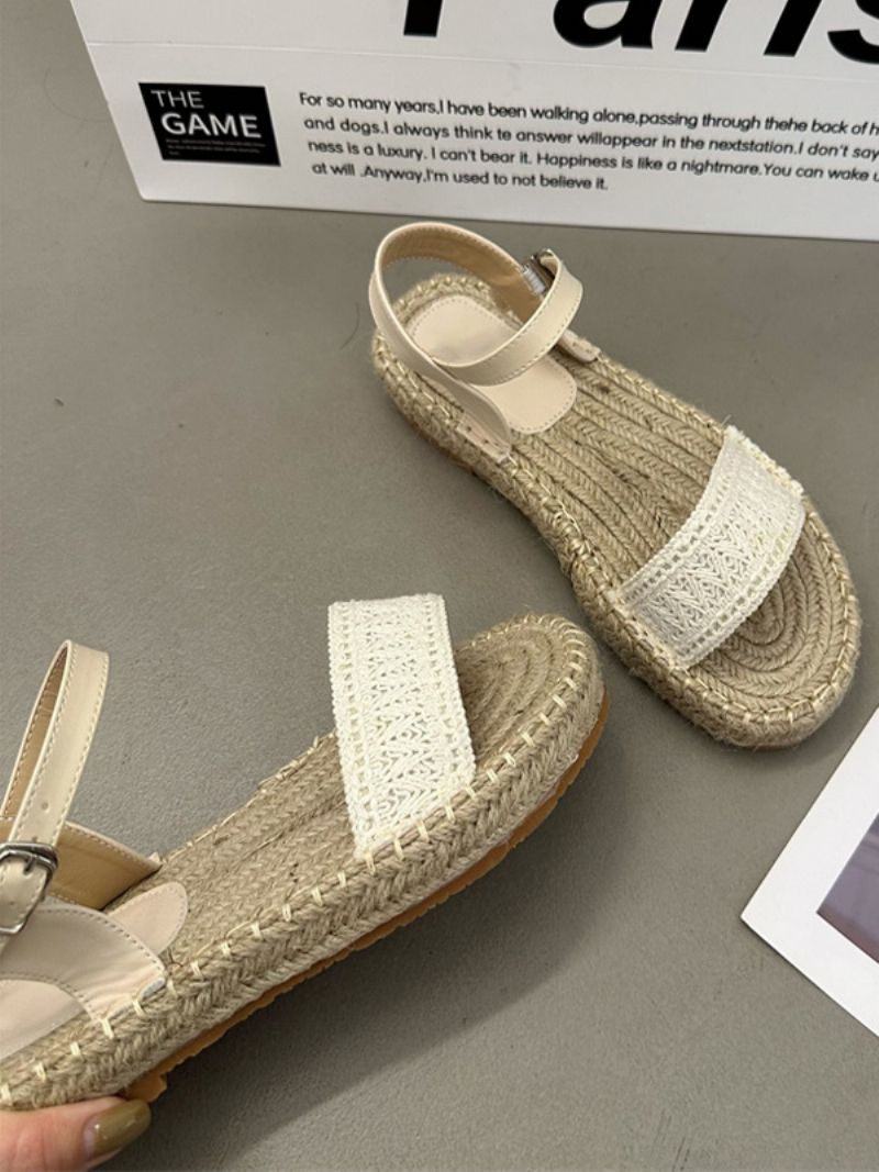 Virkade Platta Sandaler För Kvinnor Stickning Av Ull Med Öppen Tå - Beige