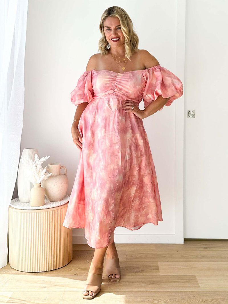 Festklänning För Kvinnor Off The Shoulder Gathering Backless Maxiklänningar Sommar - Rosa