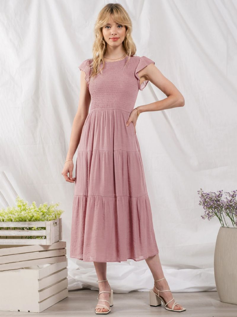 Kvinnors Festklänning Bomullsblandning Casual Jewel Neck Kortärmad Sommar Midiklänning - Rosa