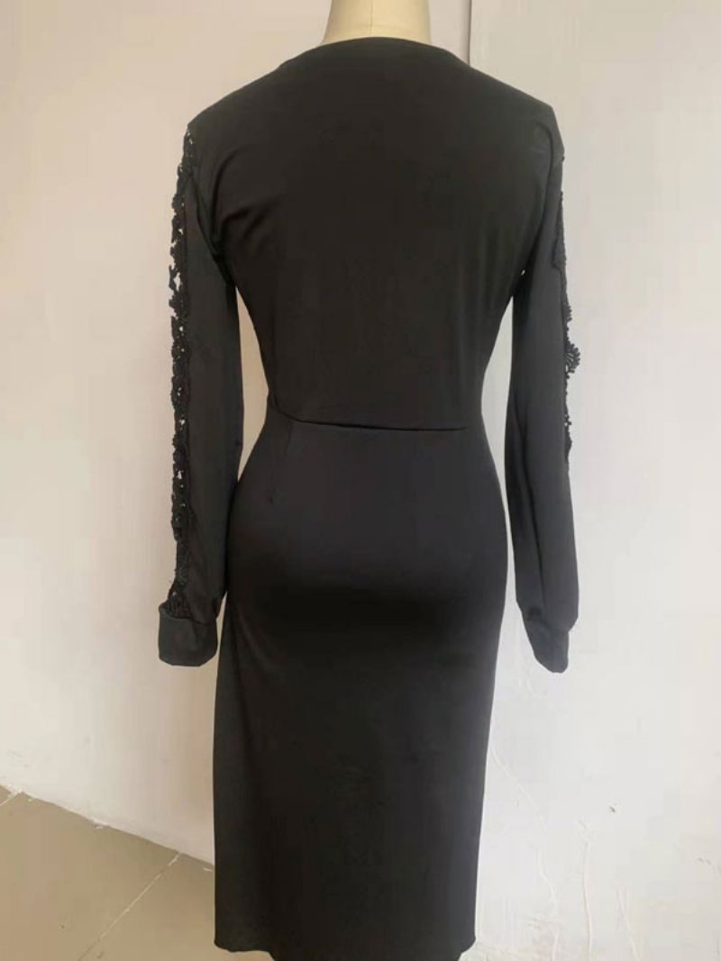 Kvinnors Födelsedag Bodycon Klänning Svart Långa Ärmar Utskuren Casual V-ringad Layered Midi Wrap Klänningar Slida - Svart