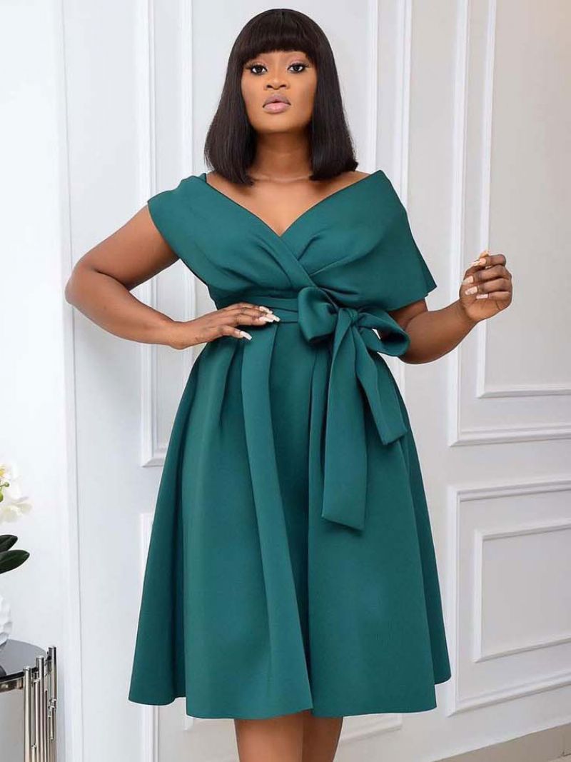 Plus Size Klänning För Kvinnor Bateau Neck Kort Ärm Lycra Spandex Teal Midi Dress