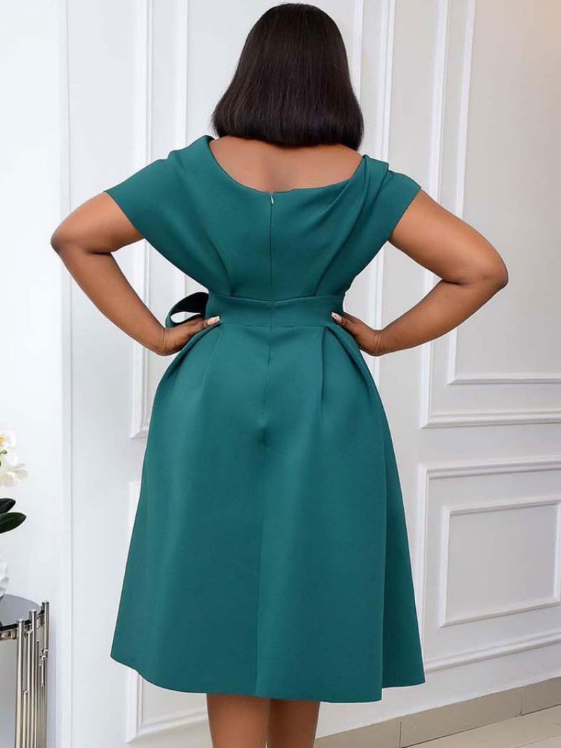 Plus Size Klänning För Kvinnor Bateau Neck Kort Ärm Lycra Spandex Teal Midi Dress - Blågrön