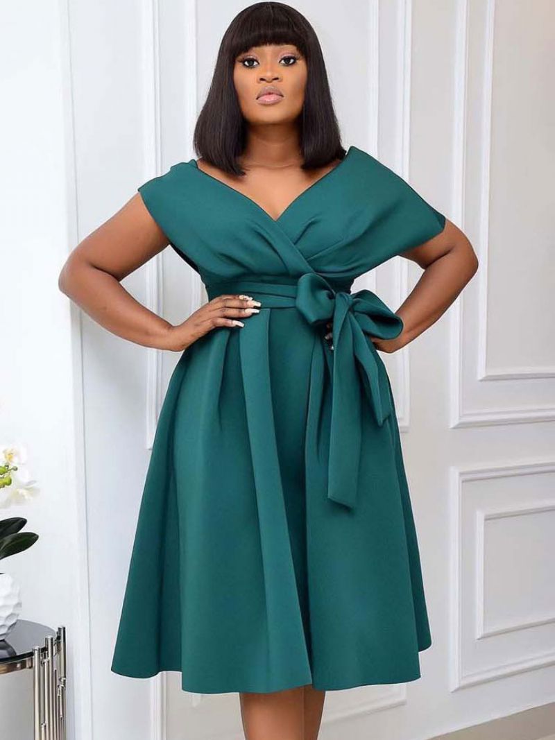 Plus Size Klänning För Kvinnor Bateau Neck Kort Ärm Lycra Spandex Teal Midi Dress - Blågrön