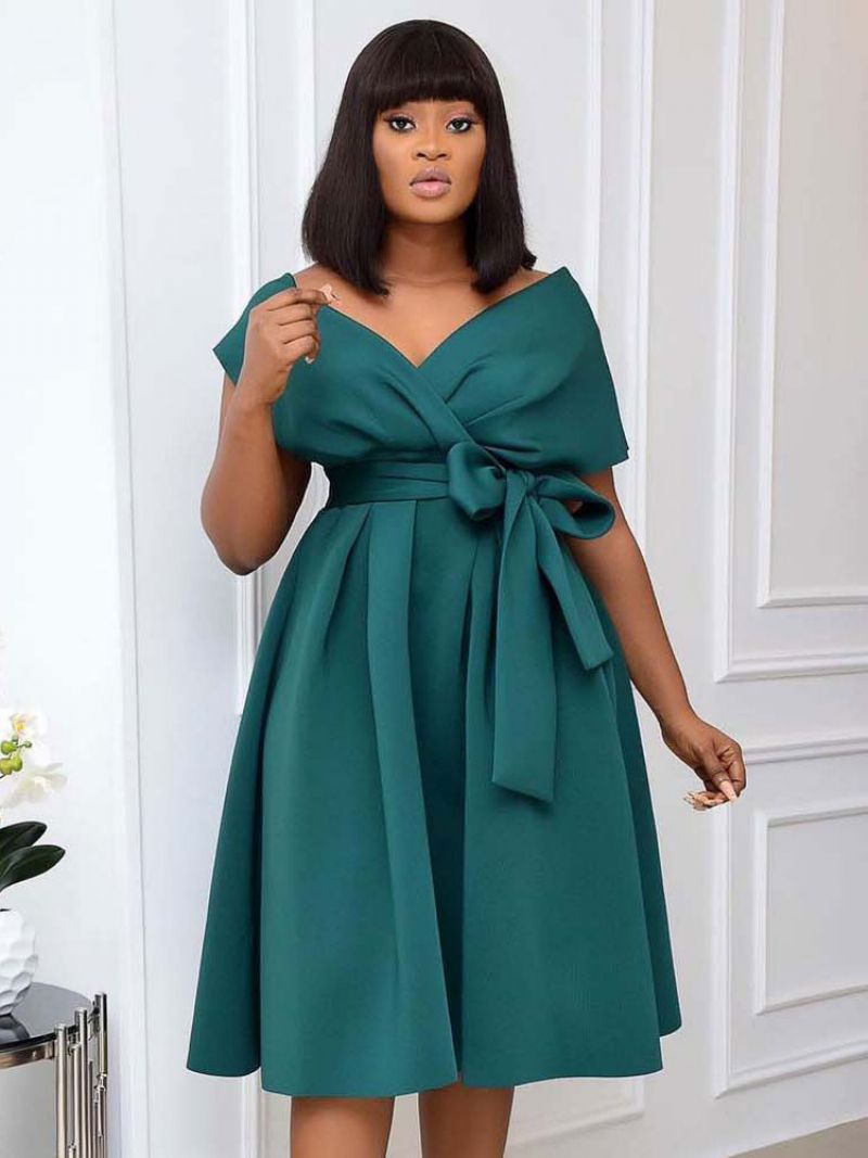 Plus Size Klänning För Kvinnor Bateau Neck Kort Ärm Lycra Spandex Teal Midi Dress - Blågrön