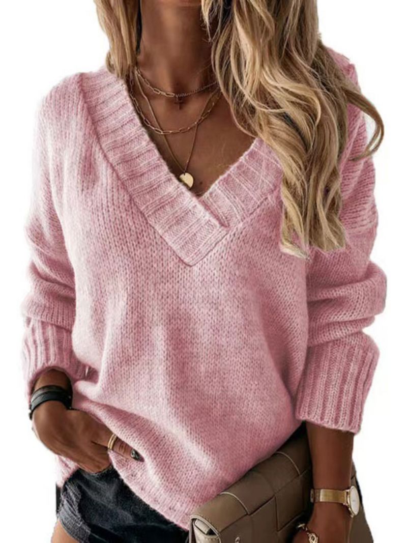 Dam Pullover Sweater Aprikos V-hals Långärmad Akryl Tröjor - Rosa