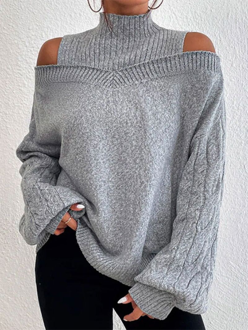 Dam Pullover Sweater Grå Hög Krage Långärmade Tröjor