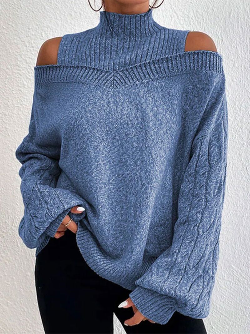 Dam Pullover Sweater Grå Hög Krage Långärmade Tröjor - Blå