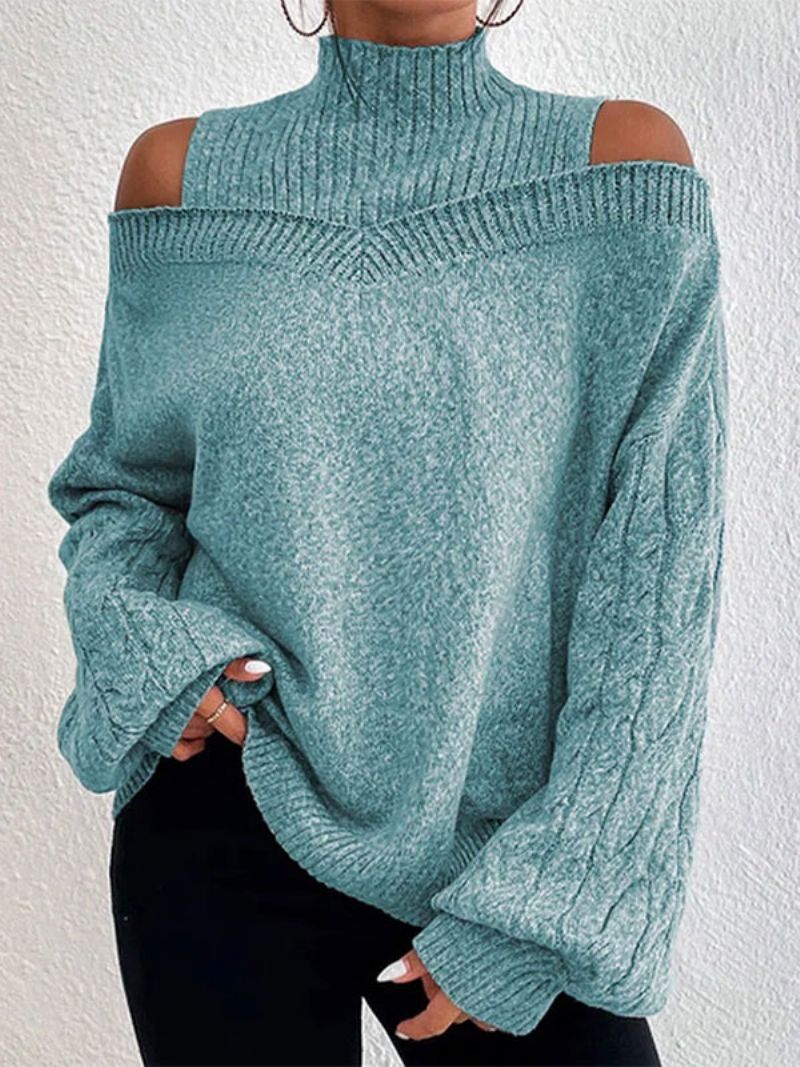 Dam Pullover Sweater Grå Hög Krage Långärmade Tröjor - Cyanblå