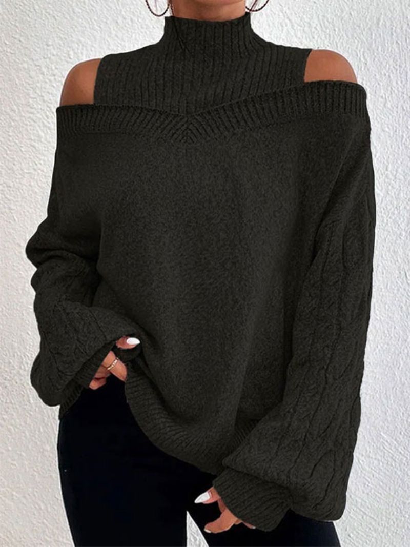 Dam Pullover Sweater Grå Hög Krage Långärmade Tröjor - Svart