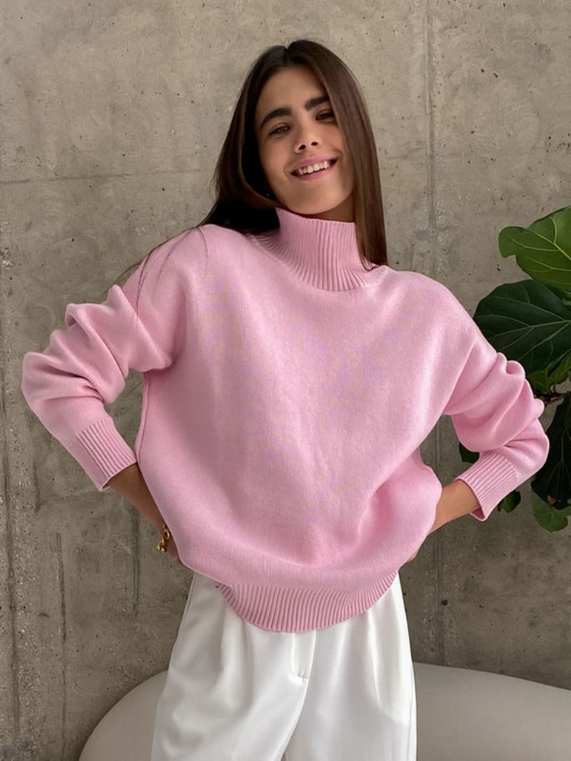 Dam Pullover Sweater Grön Hög Krage Långärmade Tröjor - Rosa