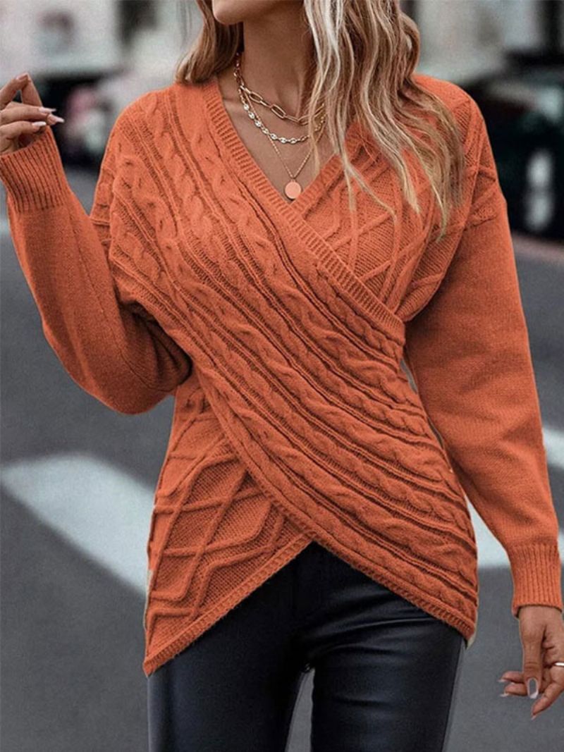 Dam Pullover Sweater Khaki V-ringad Långärmad Tröjor - Orange