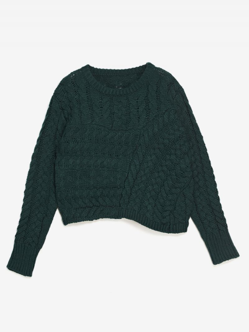 Damkabelstickad Tröja Med Rund Hals Och Lång Ärm Ribbad Manschett Casual Pullover - Mörk Marin