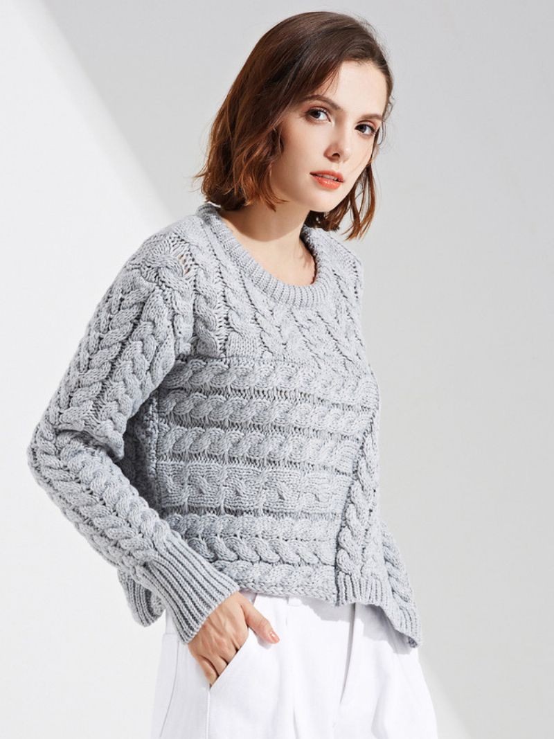 Damkabelstickad Tröja Med Rund Hals Och Lång Ärm Ribbad Manschett Casual Pullover - Grå