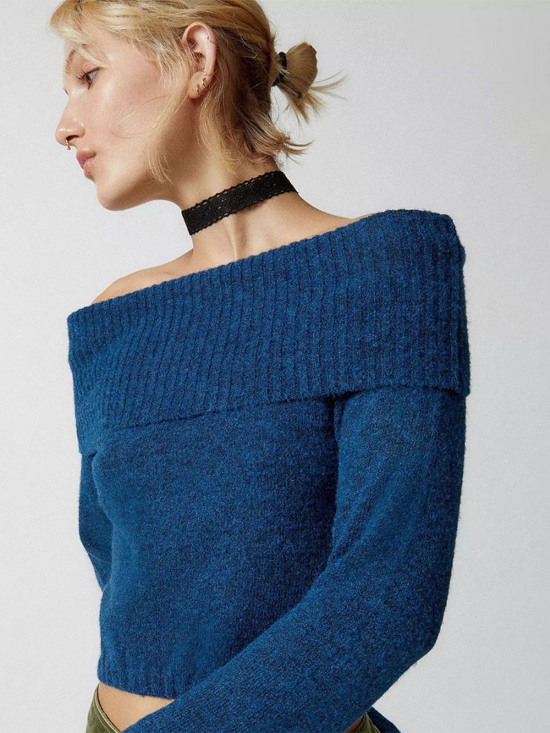 Damtröja Off Shoulder Långärmad Cropped Ribbed Top - Blå