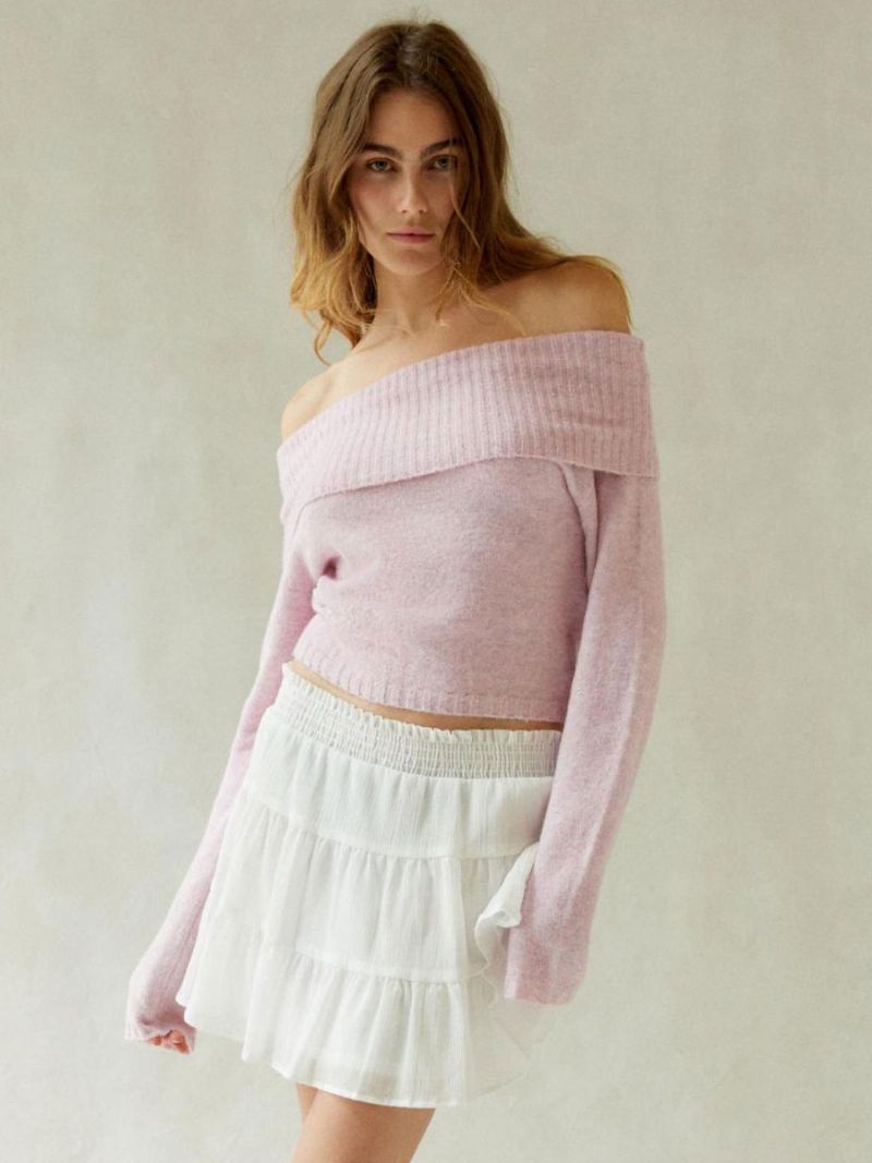 Damtröja Off Shoulder Långärmad Cropped Ribbed Top - Rosa