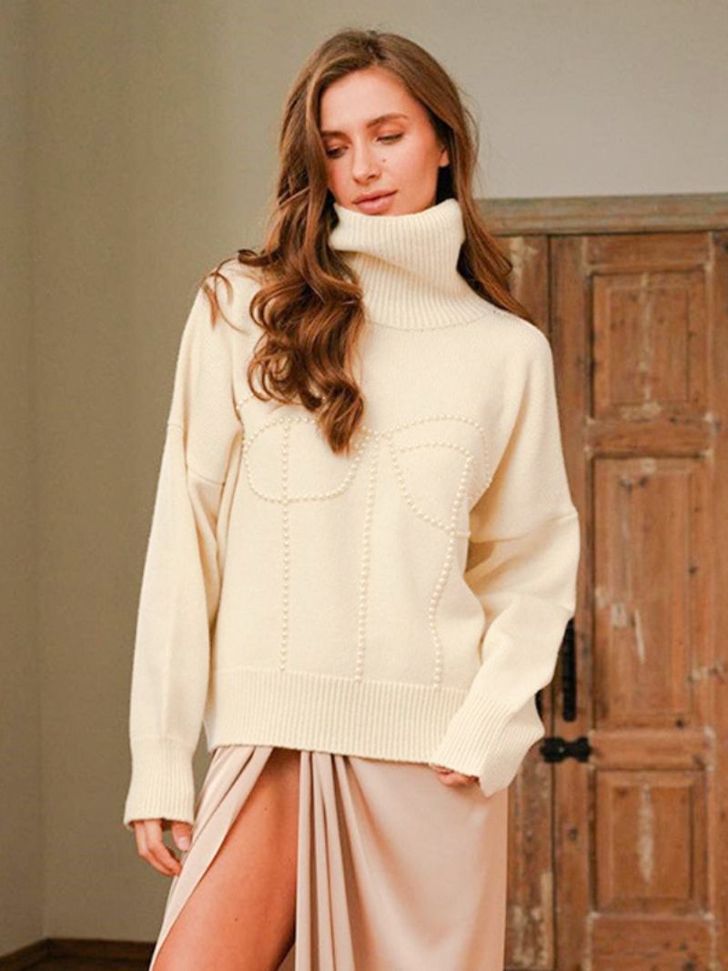 Damtröja Polo Neck Drop Shoulder Ribbad Oversized Pullover - Vit