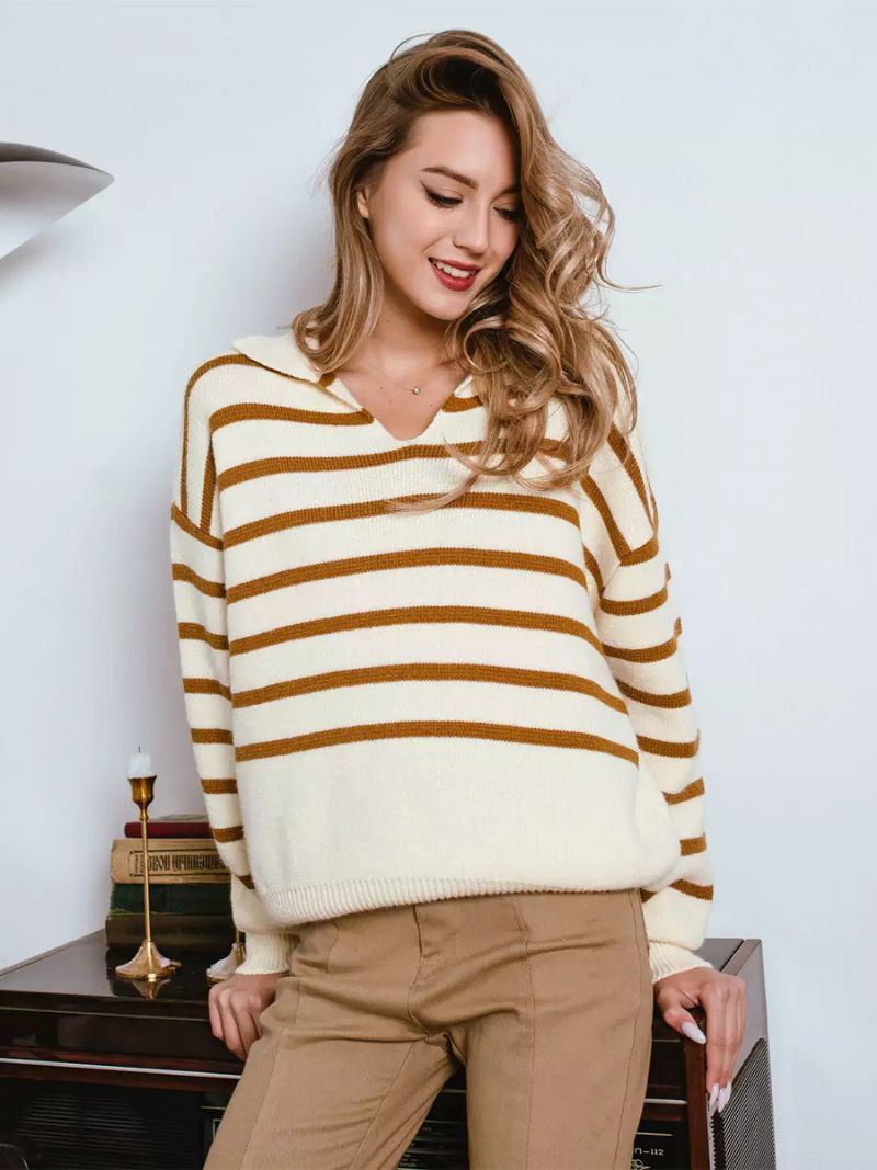 Damtröja Stripes V-neck Drop Shoulder Ribbad Trim Casual Pullover - Ljus Ljusgul