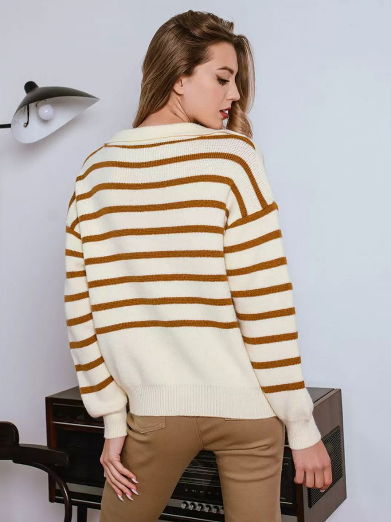 Damtröja Stripes V-neck Drop Shoulder Ribbad Trim Casual Pullover - Ljus Ljusgul