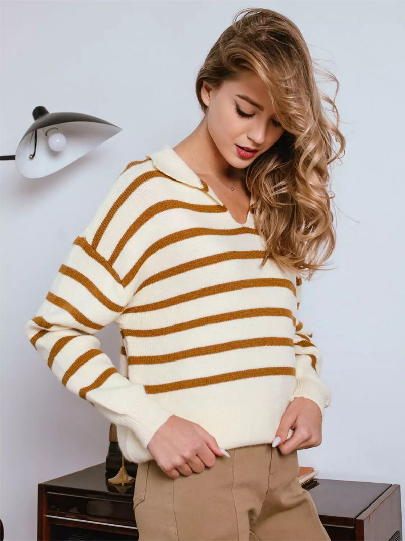 Damtröja Stripes V-neck Drop Shoulder Ribbad Trim Casual Pullover - Ljus Ljusgul