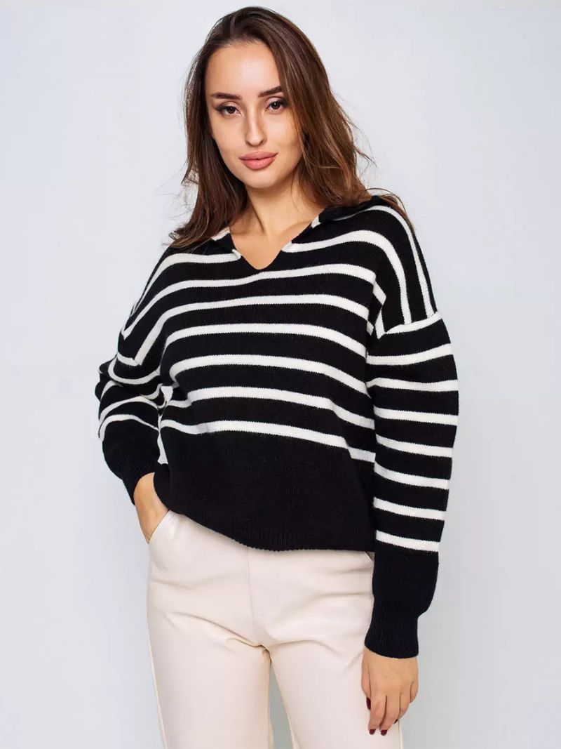 Damtröja Stripes V-neck Drop Shoulder Ribbad Trim Casual Pullover - Svart