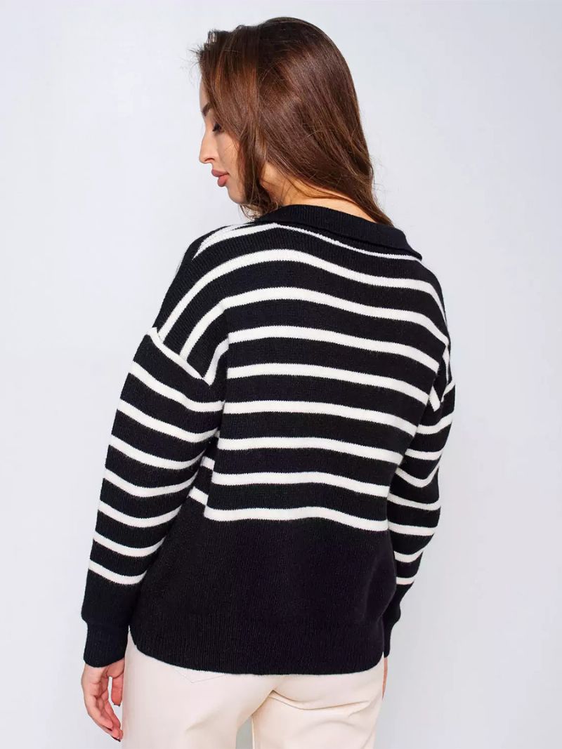 Damtröja Stripes V-neck Drop Shoulder Ribbad Trim Casual Pullover - Svart