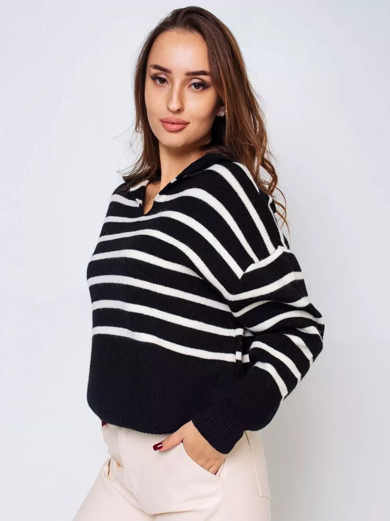 Damtröja Stripes V-neck Drop Shoulder Ribbad Trim Casual Pullover - Svart