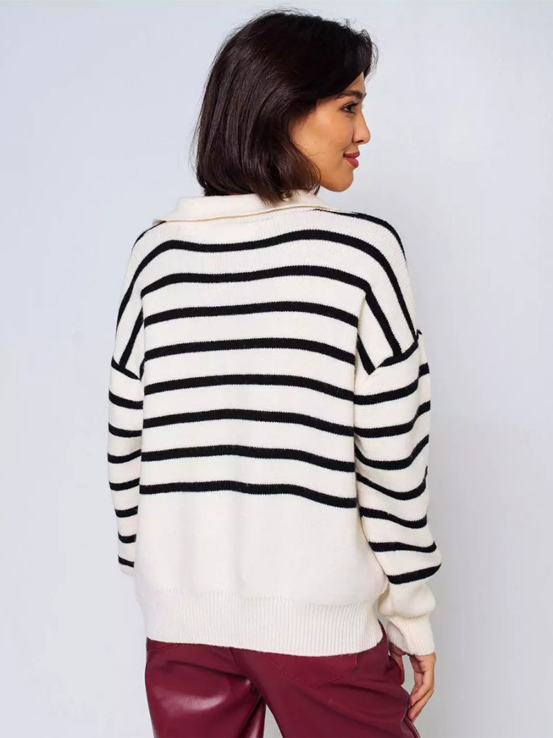 Damtröja Stripes V-neck Drop Shoulder Ribbad Trim Casual Pullover - Vit