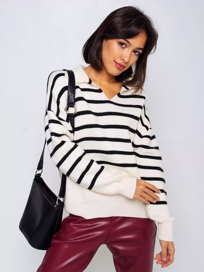 Damtröja Stripes V-neck Drop Shoulder Ribbad Trim Casual Pullover - Vit