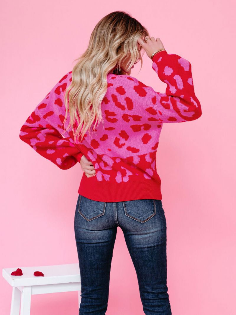 Kvinnor Pullover Sweater Rose Leopard Print Jewel Neck Långärmad Akryl Tröjor - Rose