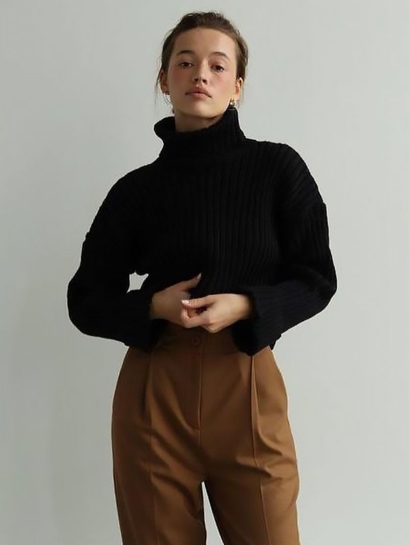 Polo Neck Tröja Drop Shoulder Enfärgade Tröjor För Kvinnor