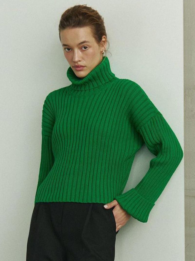 Polo Neck Tröja Drop Shoulder Enfärgade Tröjor För Kvinnor - Grön