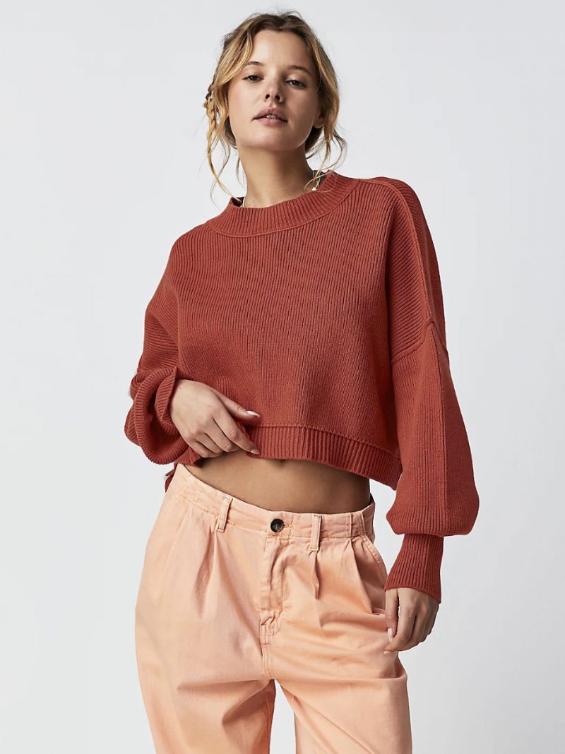 Ribbstickad Tröja Drop Shoulder Långärmad Slit Crop Top För Kvinnor