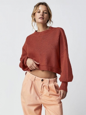 Ribbstickad Tröja Drop Shoulder Långärmad Slit Crop Top För Kvinnor