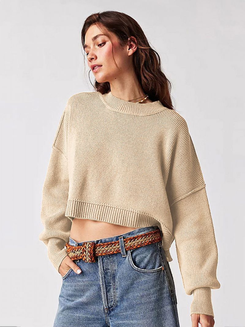 Ribbstickad Tröja Drop Shoulder Långärmad Slit Crop Top För Kvinnor - Khaki