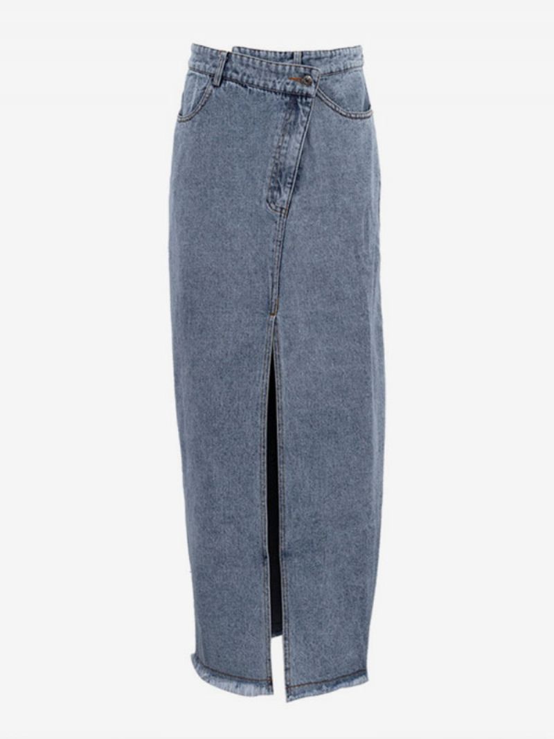 Damkjol Djupblå Knappar Denim Lång Upphöjd Midja Hög Slits Damunderdel - Djupblå