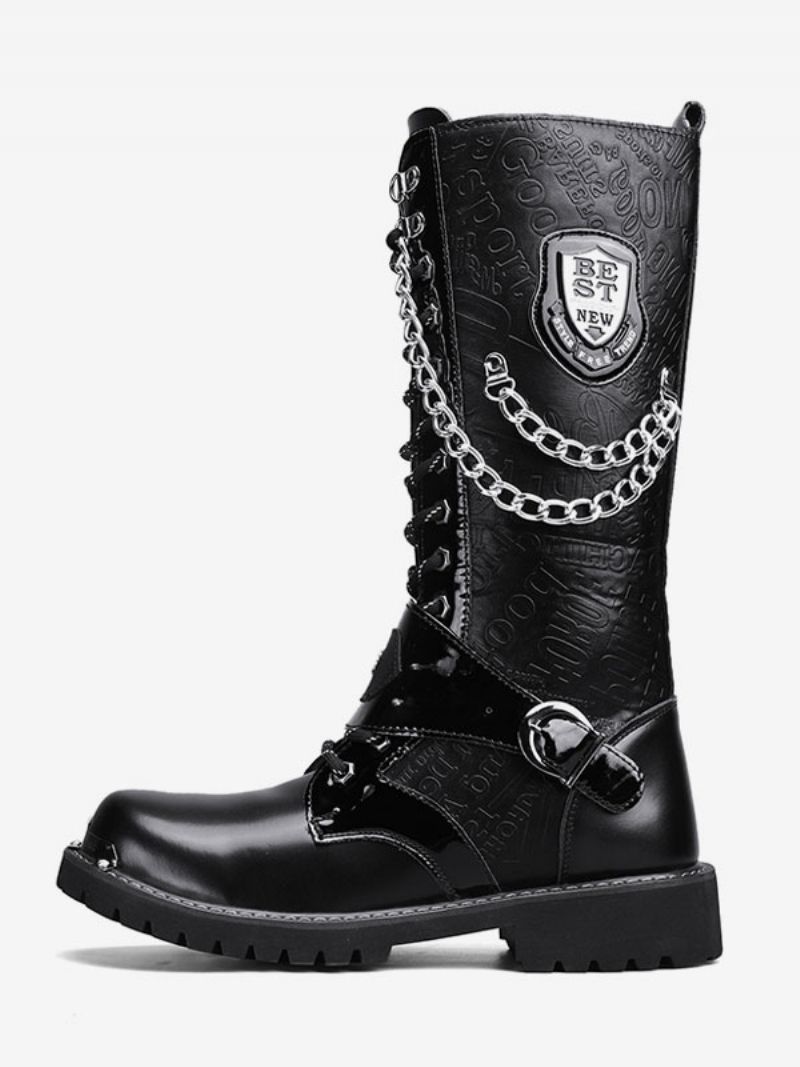 Arbete För Män Knähöga Stövlar Pu-läder Rund Tå Stridsstövlar Spännen Mentala Kedjor Steampunk Boots - Svart