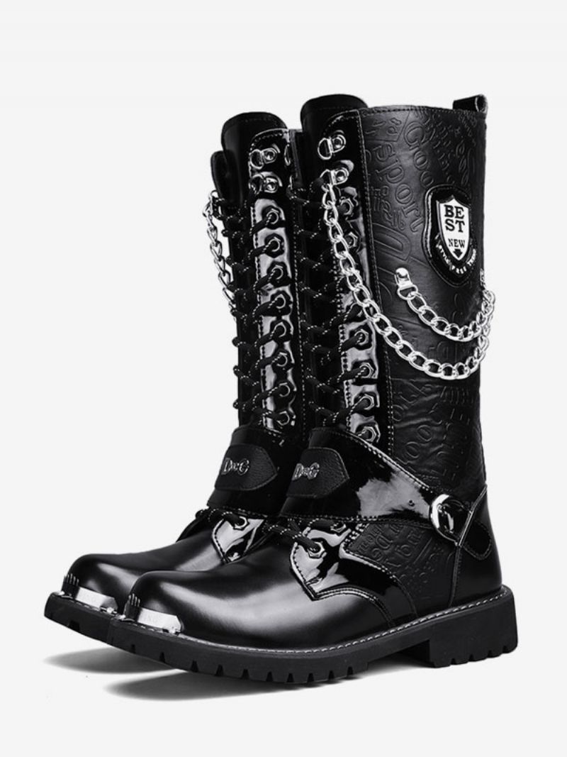 Arbete För Män Knähöga Stövlar Pu-läder Rund Tå Stridsstövlar Spännen Mentala Kedjor Steampunk Boots - Svart