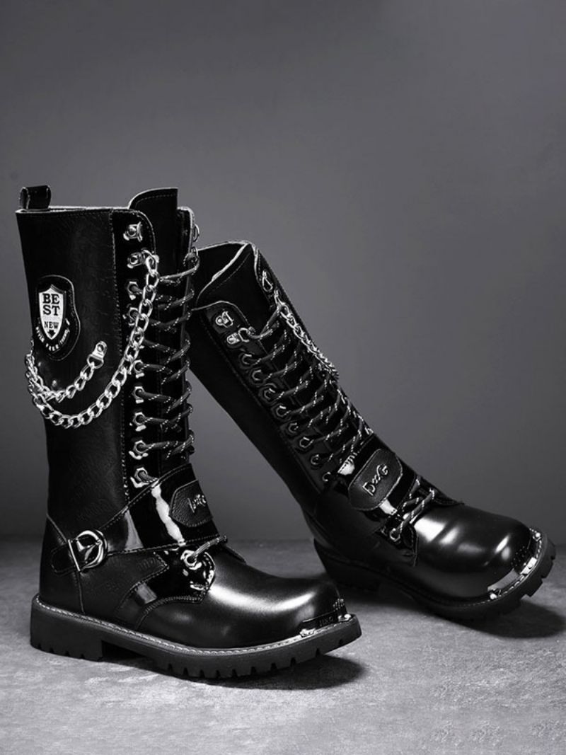 Arbete För Män Knähöga Stövlar Pu-läder Rund Tå Stridsstövlar Spännen Mentala Kedjor Steampunk Boots - Svart