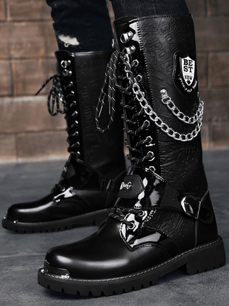 Arbete För Män Knähöga Stövlar Pu-läder Rund Tå Stridsstövlar Spännen Mentala Kedjor Steampunk Boots - Svart