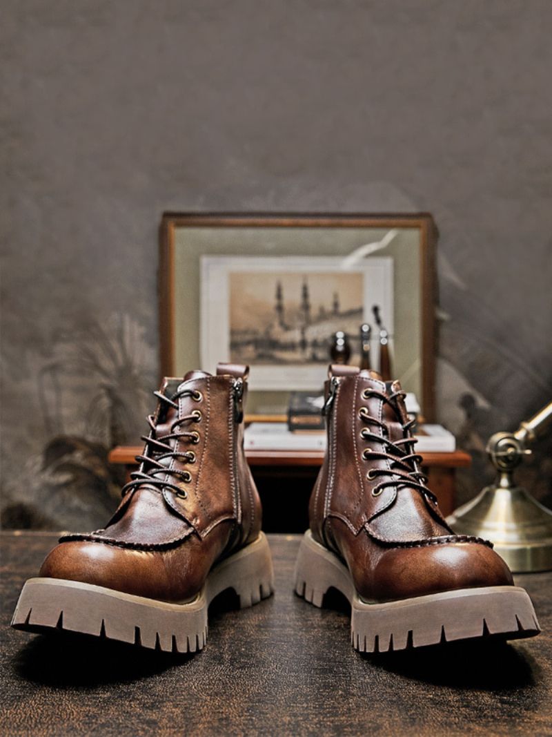 Herr Martin Brogue Business Casual Retro Kaffe Brun Kohud Rund Toe Stridsstövlar - Kaffe Brun