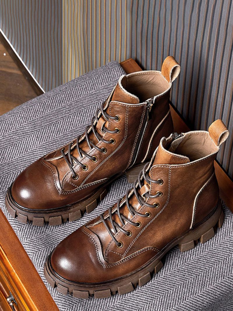 Herrmotorcykel Martin British Retro High-top Arbetsstövlar Kaffebrun Kohud Rund Toe Stridsstövlar - Kaffe Brun