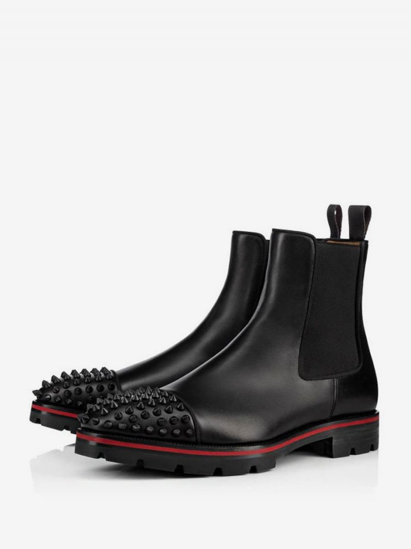 Män Black Cowhide Square Toe Handgjorda Spikes Punk Style Med Lug Sula Chelsea Ankelboots