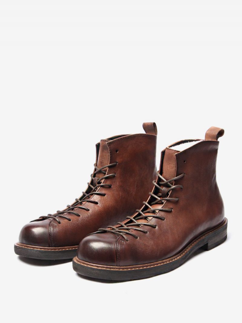 Martin Black Cowhide Retro Work Round Toe Snöra Korta Boots För Män - Djupbrun