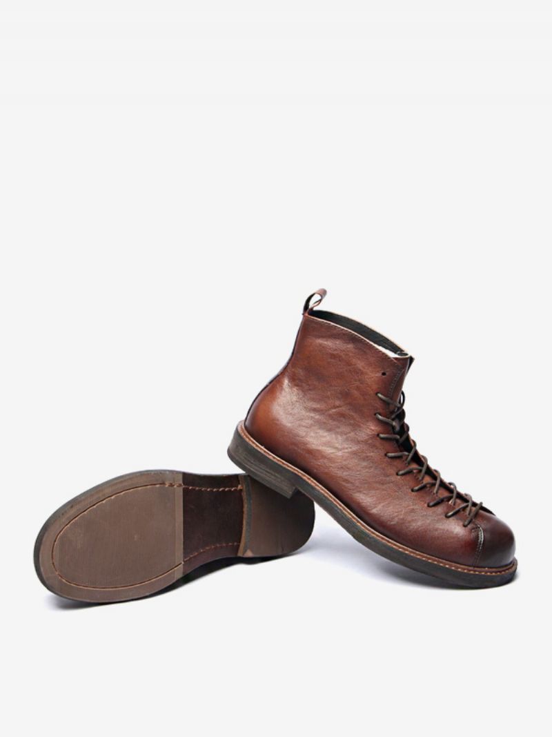 Martin Black Cowhide Retro Work Round Toe Snöra Korta Boots För Män - Djupbrun