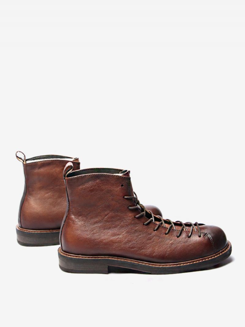 Martin Black Cowhide Retro Work Round Toe Snöra Korta Boots För Män - Djupbrun