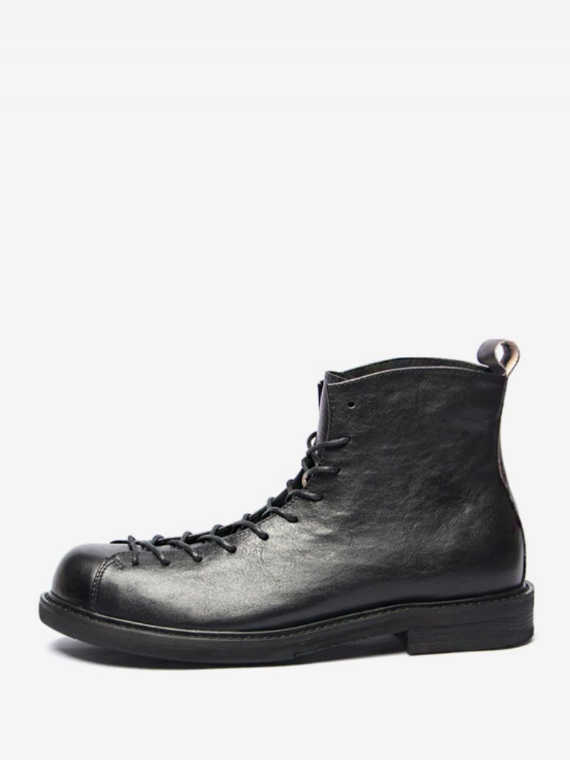 Martin Black Cowhide Retro Work Round Toe Snöra Korta Boots För Män - Svart