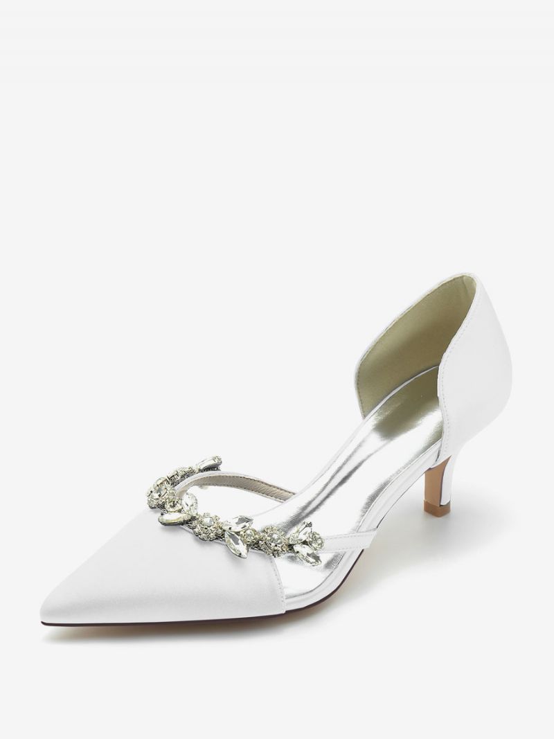 Bröllopsskor Dam Bridal Pumps Siden Och Satin Spetsad Tå Strass Slip-on Brudskor Kitten Heel