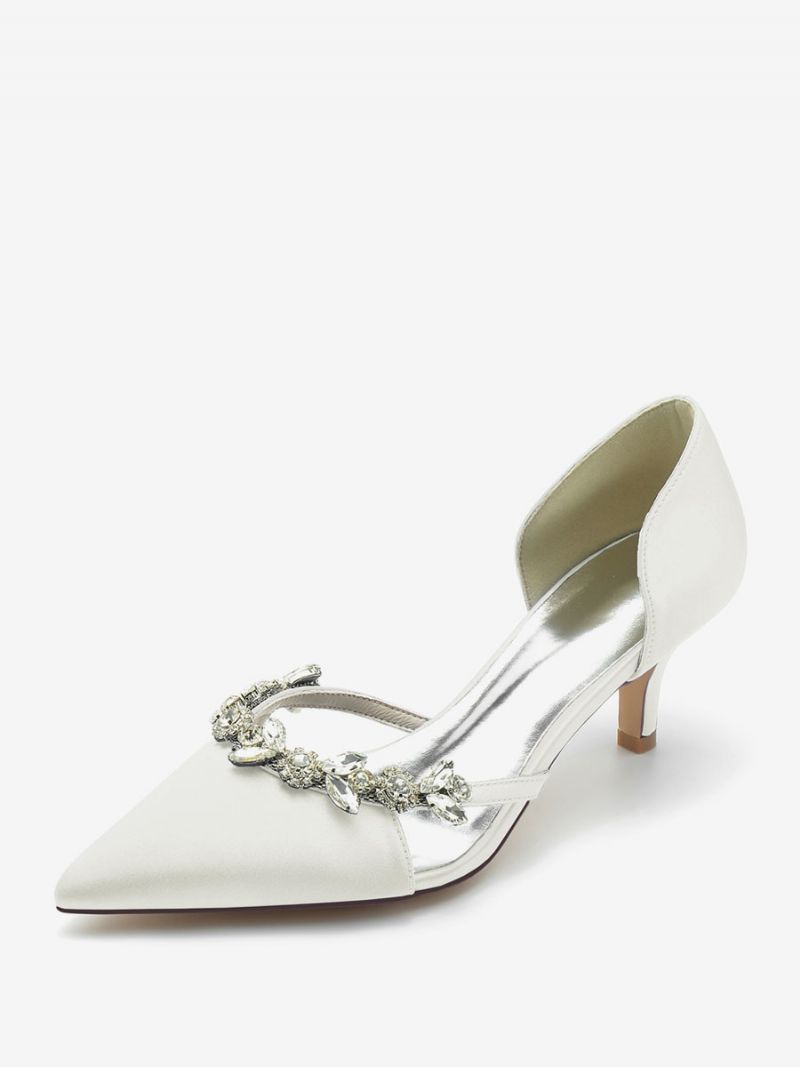 Bröllopsskor Dam Bridal Pumps Siden Och Satin Spetsad Tå Strass Slip-on Brudskor Kitten Heel - Elfenben