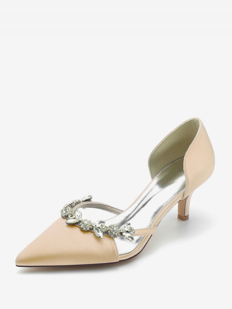 Bröllopsskor Dam Bridal Pumps Siden Och Satin Spetsad Tå Strass Slip-on Brudskor Kitten Heel - Champagne